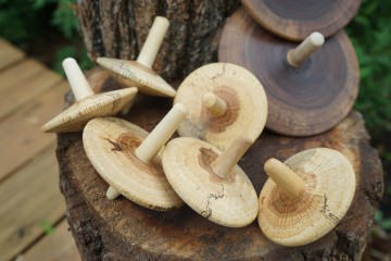 Old Fashioned Spinning Tops made with spalted repurposed wood from the St. Louis, Missouri area.